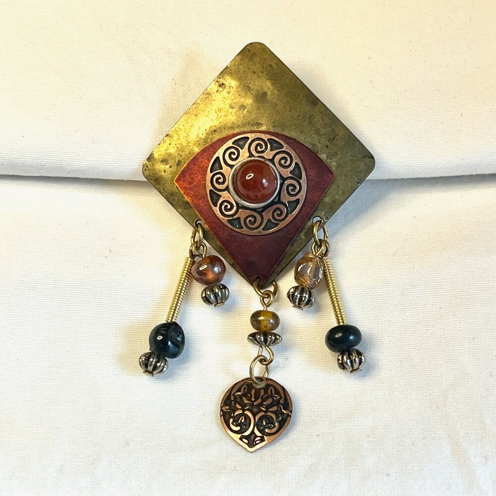 Brass, Copper, Glass Beads Pin / Brooch * Vintage * 3" Drop * NF/MF * Excel Cond